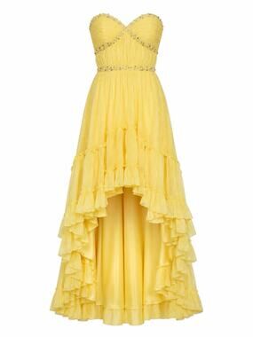 Mac Duggal Strapless Chiffon Hi Low Evening Gown Lemon Yellow Size 14